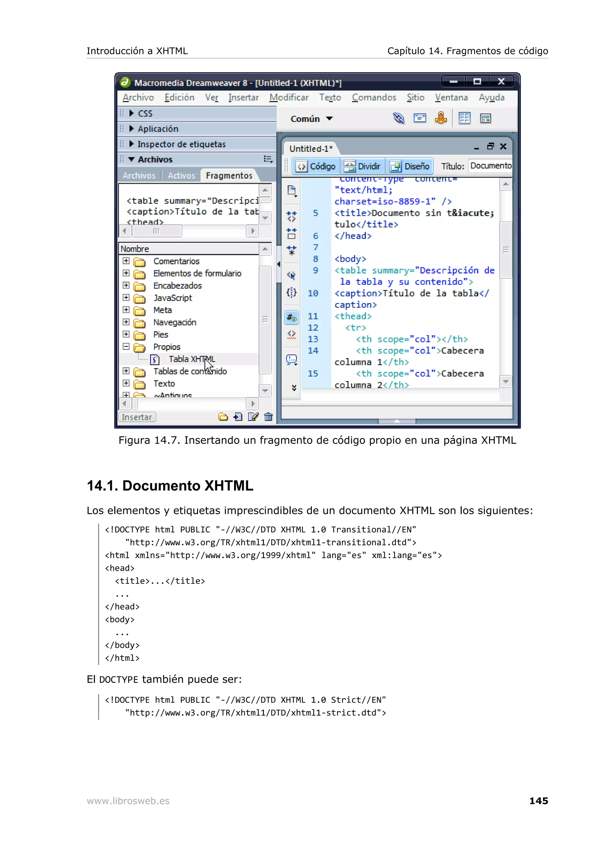 Figura 14.7. Insertando un fragmento de código propio en una página XHTML
14.1. Documento XHTML
Los elementos y etiquetas imprescindibles de un documento XHTML son los siguientes:
<!DOCTYPE html PUBLIC "-//W3C//DTD XHTML 1.0 Transitional//EN"
"http://www.w3.org/TR/xhtml1/DTD/xhtml1-transitional.dtd">
<html xmlns="http://www.w3.org/1999/xhtml" lang="es" xml:lang="es">
<head>
<title>...</title>
...
</head>
<body>
...
</body>
</html>
El DOCTYPE también puede ser:
<!DOCTYPE html PUBLIC "-//W3C//DTD XHTML 1.0 Strict//EN"
"http://www.w3.org/TR/xhtml1/DTD/xhtml1-strict.dtd">
Introducción a XHTML Capítulo 14. Fragmentos de código
www.librosweb.es 145
 