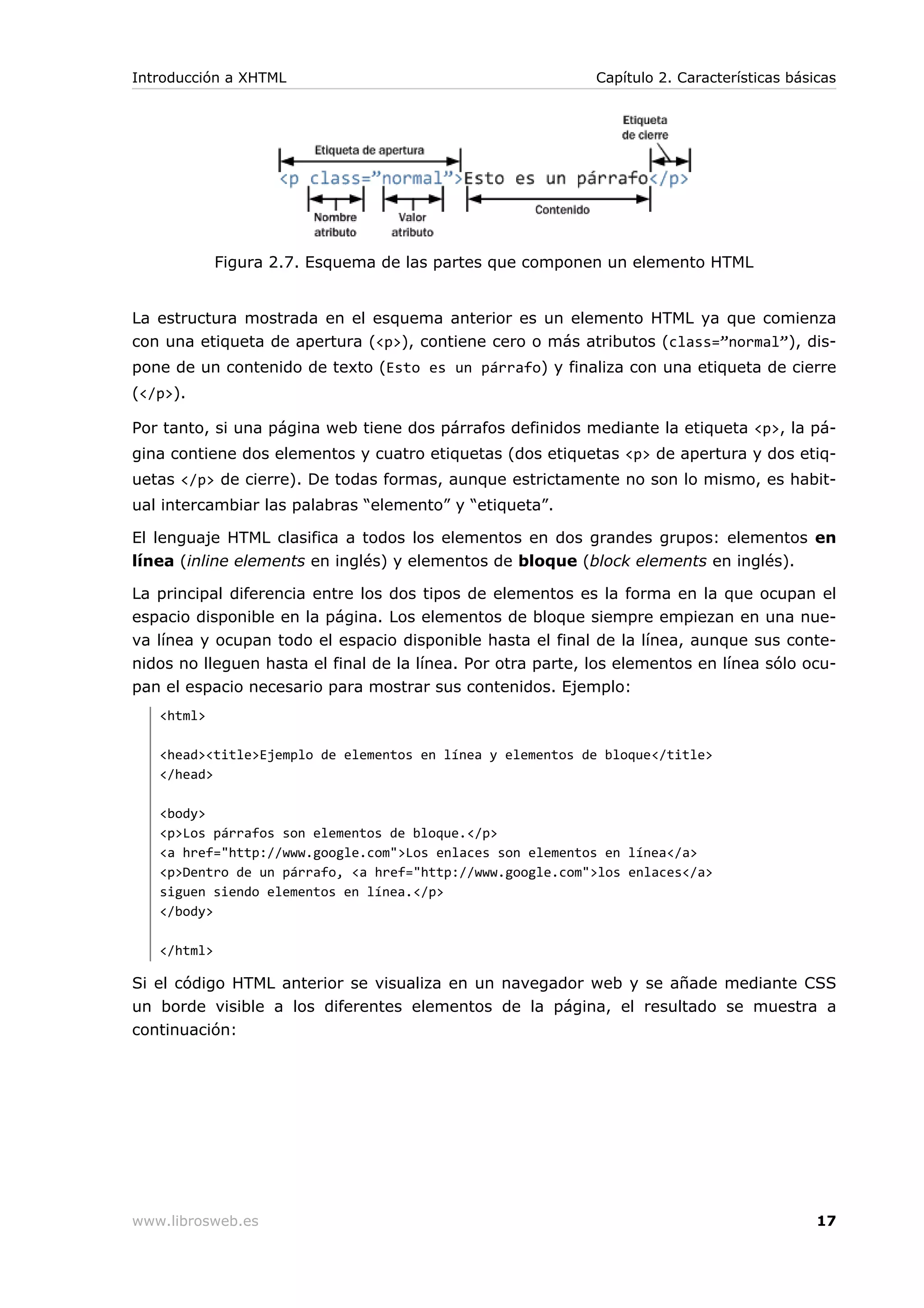 Figura 2.7. Esquema de las partes que componen un elemento HTML
La estructura mostrada en el esquema anterior es un elemento HTML ya que comienza
con una etiqueta de apertura (<p>), contiene cero o más atributos (class=”normal”), dis-
pone de un contenido de texto (Esto es un párrafo) y finaliza con una etiqueta de cierre
(</p>).
Por tanto, si una página web tiene dos párrafos definidos mediante la etiqueta <p>, la pá-
gina contiene dos elementos y cuatro etiquetas (dos etiquetas <p> de apertura y dos etiq-
uetas </p> de cierre). De todas formas, aunque estrictamente no son lo mismo, es habit-
ual intercambiar las palabras “elemento” y “etiqueta”.
El lenguaje HTML clasifica a todos los elementos en dos grandes grupos: elementos en
línea (inline elements en inglés) y elementos de bloque (block elements en inglés).
La principal diferencia entre los dos tipos de elementos es la forma en la que ocupan el
espacio disponible en la página. Los elementos de bloque siempre empiezan en una nue-
va línea y ocupan todo el espacio disponible hasta el final de la línea, aunque sus conte-
nidos no lleguen hasta el final de la línea. Por otra parte, los elementos en línea sólo ocu-
pan el espacio necesario para mostrar sus contenidos. Ejemplo:
<html>
<head><title>Ejemplo de elementos en línea y elementos de bloque</title>
</head>
<body>
<p>Los párrafos son elementos de bloque.</p>
<a href="http://www.google.com">Los enlaces son elementos en línea</a>
<p>Dentro de un párrafo, <a href="http://www.google.com">los enlaces</a>
siguen siendo elementos en línea.</p>
</body>
</html>
Si el código HTML anterior se visualiza en un navegador web y se añade mediante CSS
un borde visible a los diferentes elementos de la página, el resultado se muestra a
continuación:
Introducción a XHTML Capítulo 2. Características básicas
www.librosweb.es 17
 