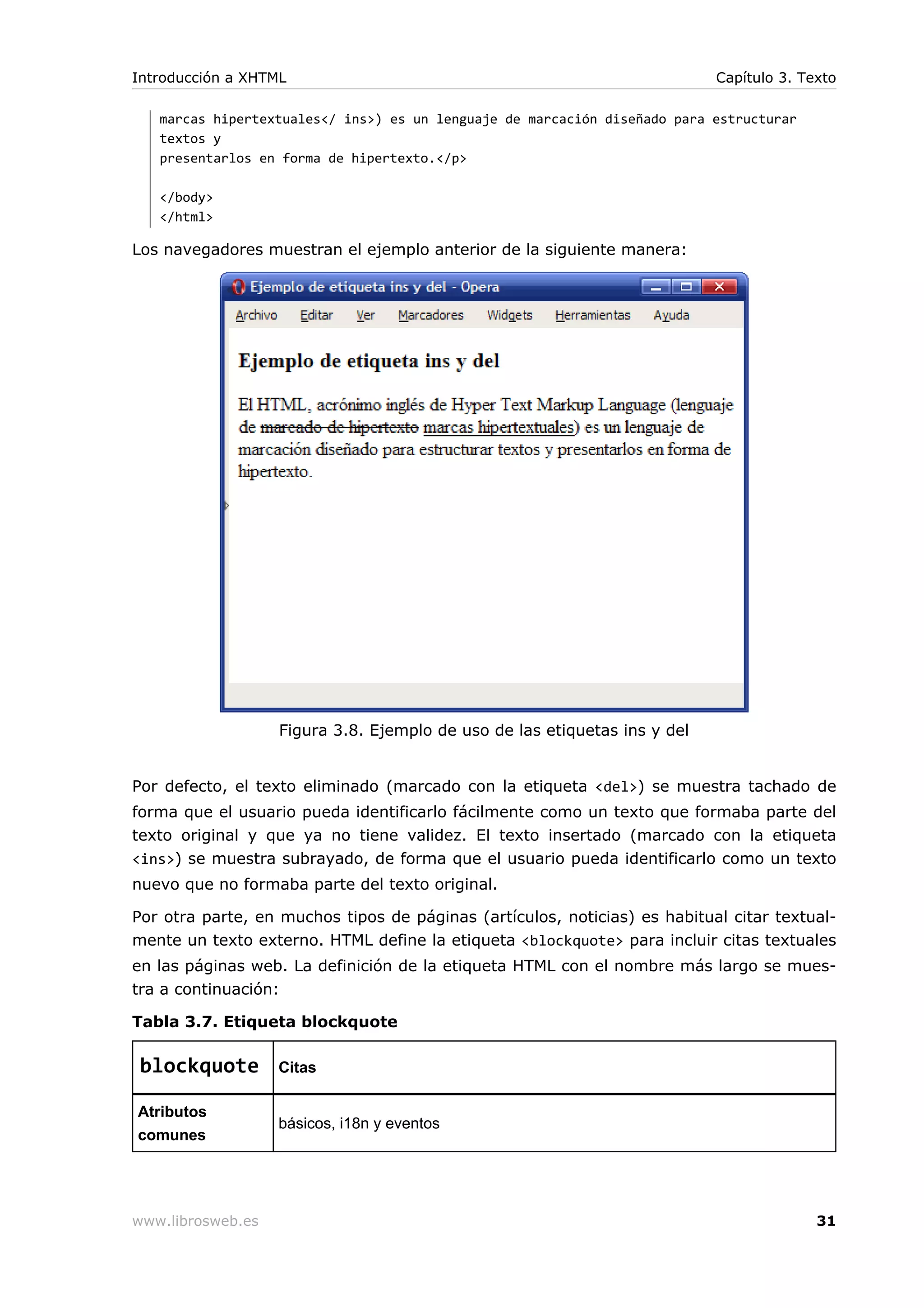 marcas hipertextuales</ ins>) es un lenguaje de marcación diseñado para estructurar
textos y
presentarlos en forma de hipertexto.</p>
</body>
</html>
Los navegadores muestran el ejemplo anterior de la siguiente manera:
Figura 3.8. Ejemplo de uso de las etiquetas ins y del
Por defecto, el texto eliminado (marcado con la etiqueta <del>) se muestra tachado de
forma que el usuario pueda identificarlo fácilmente como un texto que formaba parte del
texto original y que ya no tiene validez. El texto insertado (marcado con la etiqueta
<ins>) se muestra subrayado, de forma que el usuario pueda identificarlo como un texto
nuevo que no formaba parte del texto original.
Por otra parte, en muchos tipos de páginas (artículos, noticias) es habitual citar textual-
mente un texto externo. HTML define la etiqueta <blockquote> para incluir citas textuales
en las páginas web. La definición de la etiqueta HTML con el nombre más largo se mues-
tra a continuación:
Tabla 3.7. Etiqueta blockquote
blockquote Citas
Atributos
comunes
básicos, i18n y eventos
Introducción a XHTML Capítulo 3. Texto
www.librosweb.es 31
 
