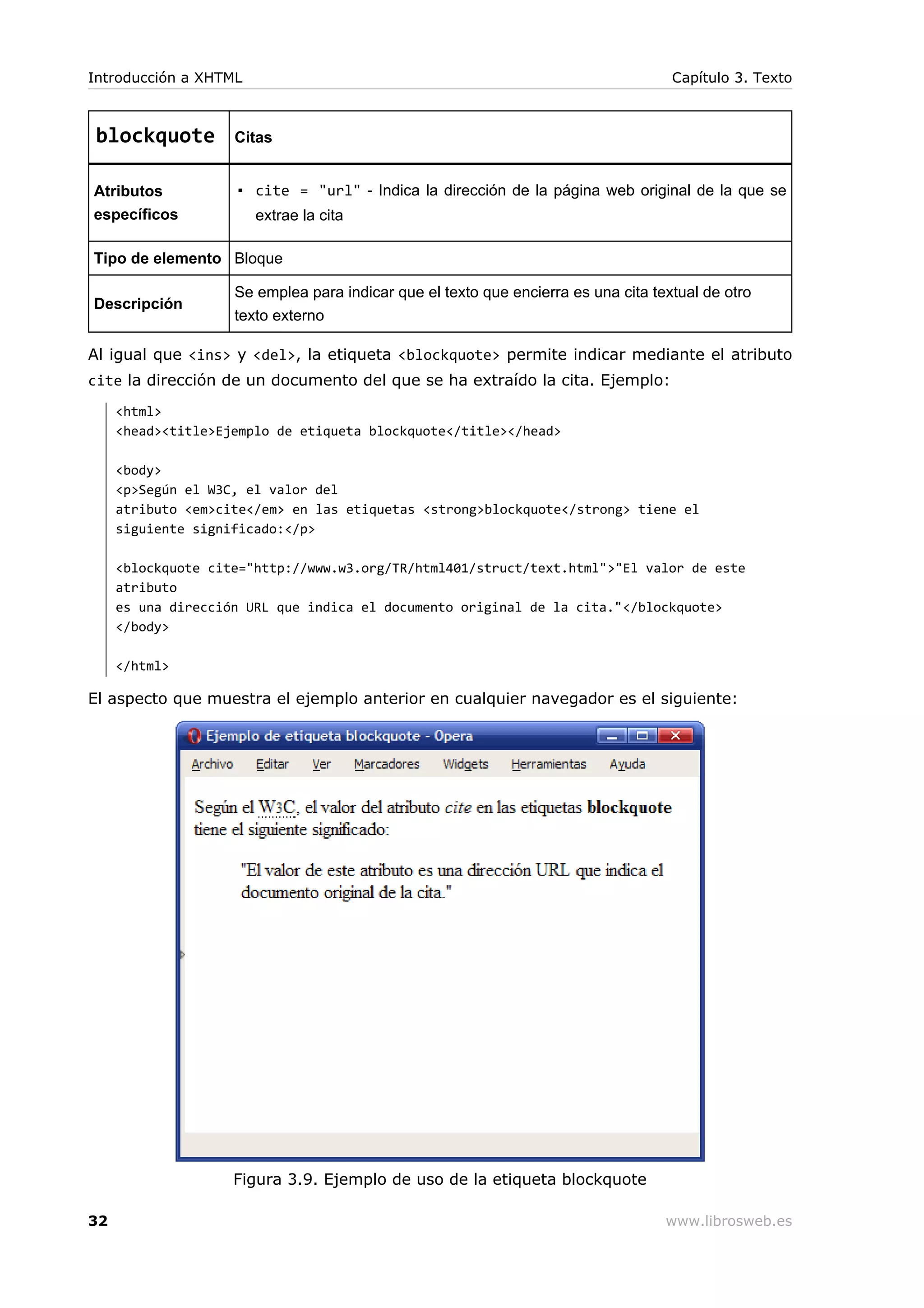 blockquote Citas
Atributos
específicos
▪ cite = "url" - Indica la dirección de la página web original de la que se
extrae la cita
Tipo de elemento Bloque
Descripción
Se emplea para indicar que el texto que encierra es una cita textual de otro
texto externo
Al igual que <ins> y <del>, la etiqueta <blockquote> permite indicar mediante el atributo
cite la dirección de un documento del que se ha extraído la cita. Ejemplo:
<html>
<head><title>Ejemplo de etiqueta blockquote</title></head>
<body>
<p>Según el W3C, el valor del
atributo <em>cite</em> en las etiquetas <strong>blockquote</strong> tiene el
siguiente significado:</p>
<blockquote cite="http://www.w3.org/TR/html401/struct/text.html">"El valor de este
atributo
es una dirección URL que indica el documento original de la cita."</blockquote>
</body>
</html>
El aspecto que muestra el ejemplo anterior en cualquier navegador es el siguiente:
Figura 3.9. Ejemplo de uso de la etiqueta blockquote
Introducción a XHTML Capítulo 3. Texto
32 www.librosweb.es
 