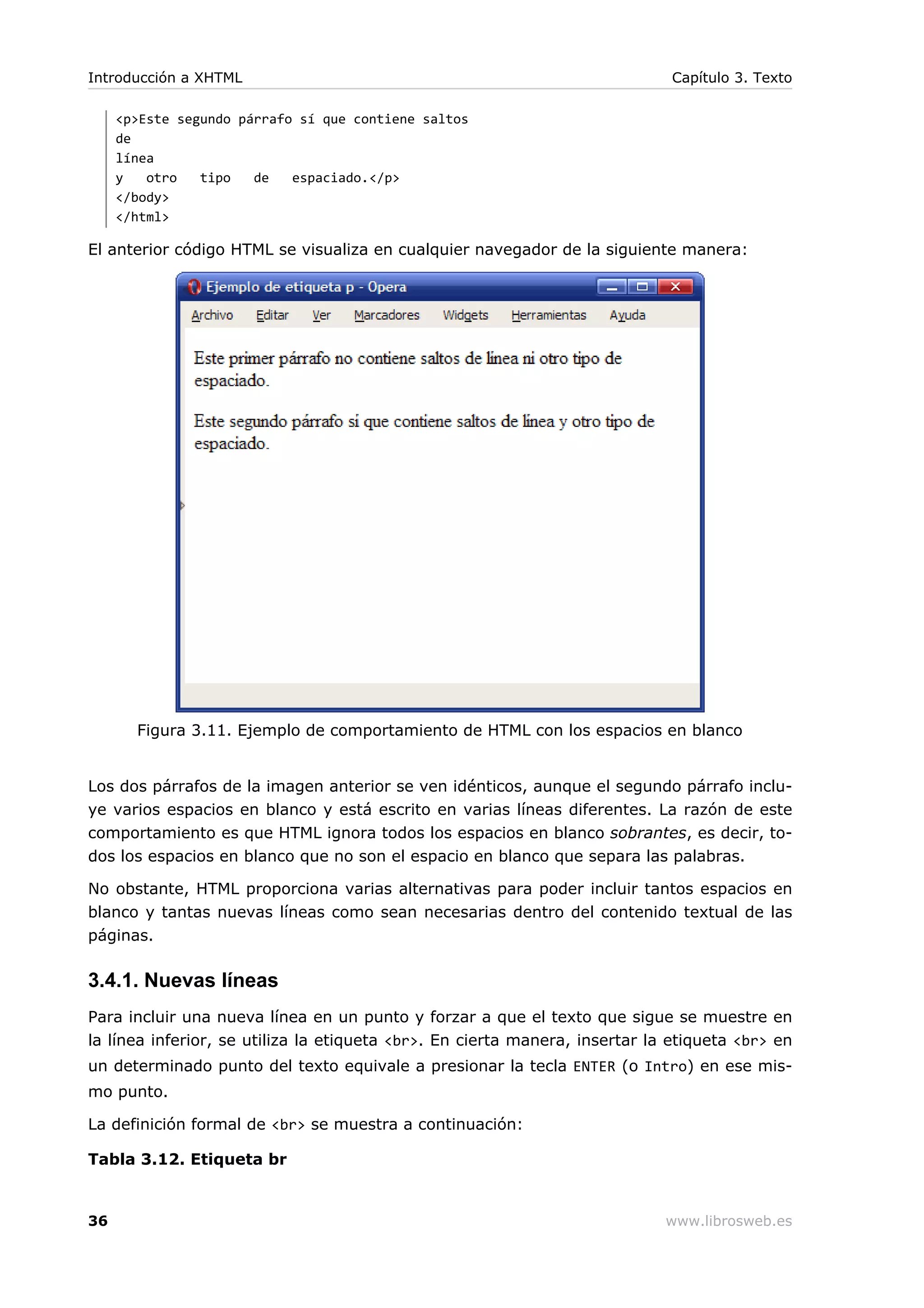 <p>Este segundo párrafo sí que contiene saltos
de
línea
y otro tipo de espaciado.</p>
</body>
</html>
El anterior código HTML se visualiza en cualquier navegador de la siguiente manera:
Figura 3.11. Ejemplo de comportamiento de HTML con los espacios en blanco
Los dos párrafos de la imagen anterior se ven idénticos, aunque el segundo párrafo inclu-
ye varios espacios en blanco y está escrito en varias líneas diferentes. La razón de este
comportamiento es que HTML ignora todos los espacios en blanco sobrantes, es decir, to-
dos los espacios en blanco que no son el espacio en blanco que separa las palabras.
No obstante, HTML proporciona varias alternativas para poder incluir tantos espacios en
blanco y tantas nuevas líneas como sean necesarias dentro del contenido textual de las
páginas.
3.4.1. Nuevas líneas
Para incluir una nueva línea en un punto y forzar a que el texto que sigue se muestre en
la línea inferior, se utiliza la etiqueta <br>. En cierta manera, insertar la etiqueta <br> en
un determinado punto del texto equivale a presionar la tecla ENTER (o Intro) en ese mis-
mo punto.
La definición formal de <br> se muestra a continuación:
Tabla 3.12. Etiqueta br
Introducción a XHTML Capítulo 3. Texto
36 www.librosweb.es
 