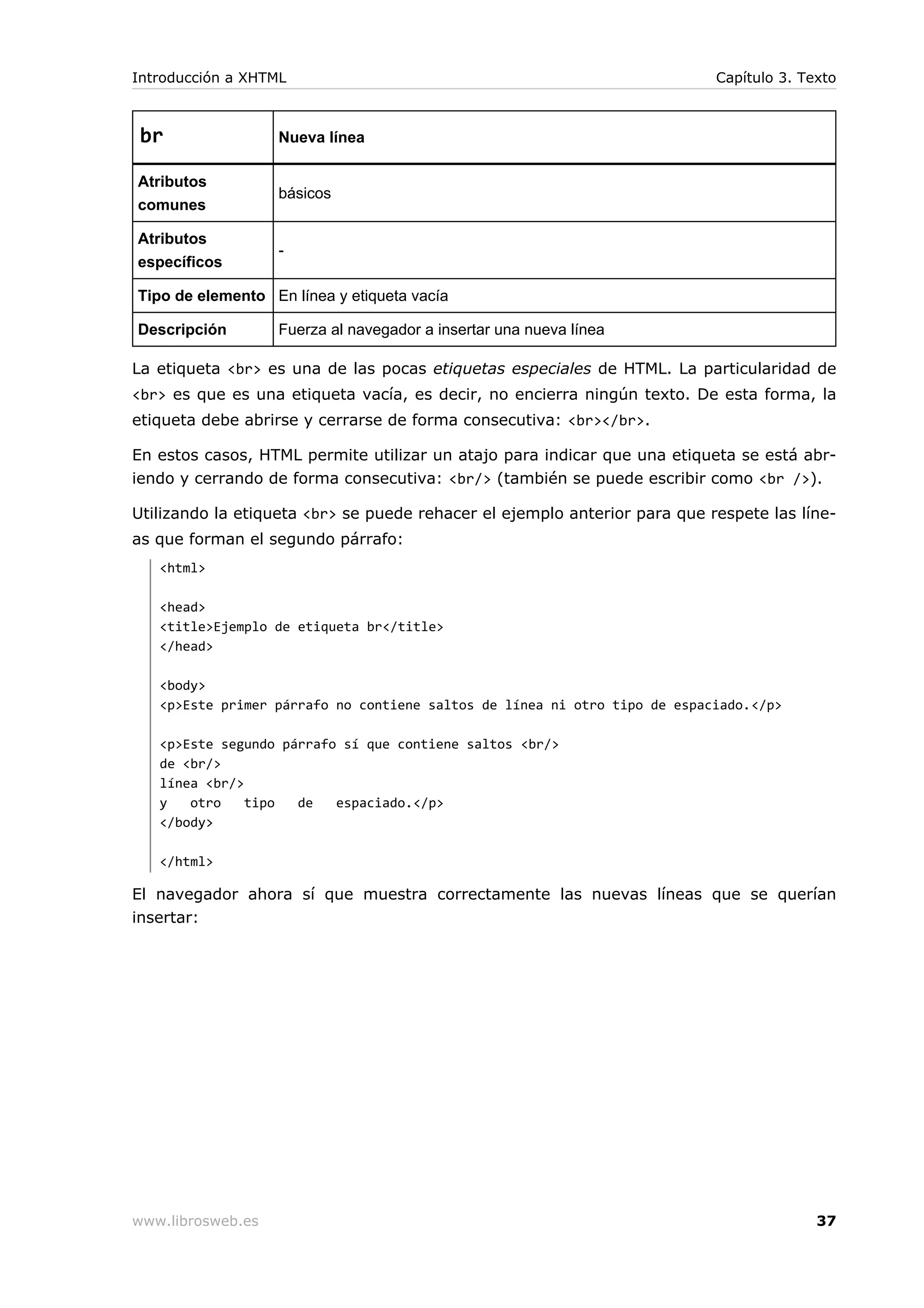 br Nueva línea
Atributos
comunes
básicos
Atributos
específicos
-
Tipo de elemento En línea y etiqueta vacía
Descripción Fuerza al navegador a insertar una nueva línea
La etiqueta <br> es una de las pocas etiquetas especiales de HTML. La particularidad de
<br> es que es una etiqueta vacía, es decir, no encierra ningún texto. De esta forma, la
etiqueta debe abrirse y cerrarse de forma consecutiva: <br></br>.
En estos casos, HTML permite utilizar un atajo para indicar que una etiqueta se está abr-
iendo y cerrando de forma consecutiva: <br/> (también se puede escribir como <br />).
Utilizando la etiqueta <br> se puede rehacer el ejemplo anterior para que respete las líne-
as que forman el segundo párrafo:
<html>
<head>
<title>Ejemplo de etiqueta br</title>
</head>
<body>
<p>Este primer párrafo no contiene saltos de línea ni otro tipo de espaciado.</p>
<p>Este segundo párrafo sí que contiene saltos <br/>
de <br/>
línea <br/>
y otro tipo de espaciado.</p>
</body>
</html>
El navegador ahora sí que muestra correctamente las nuevas líneas que se querían
insertar:
Introducción a XHTML Capítulo 3. Texto
www.librosweb.es 37
 