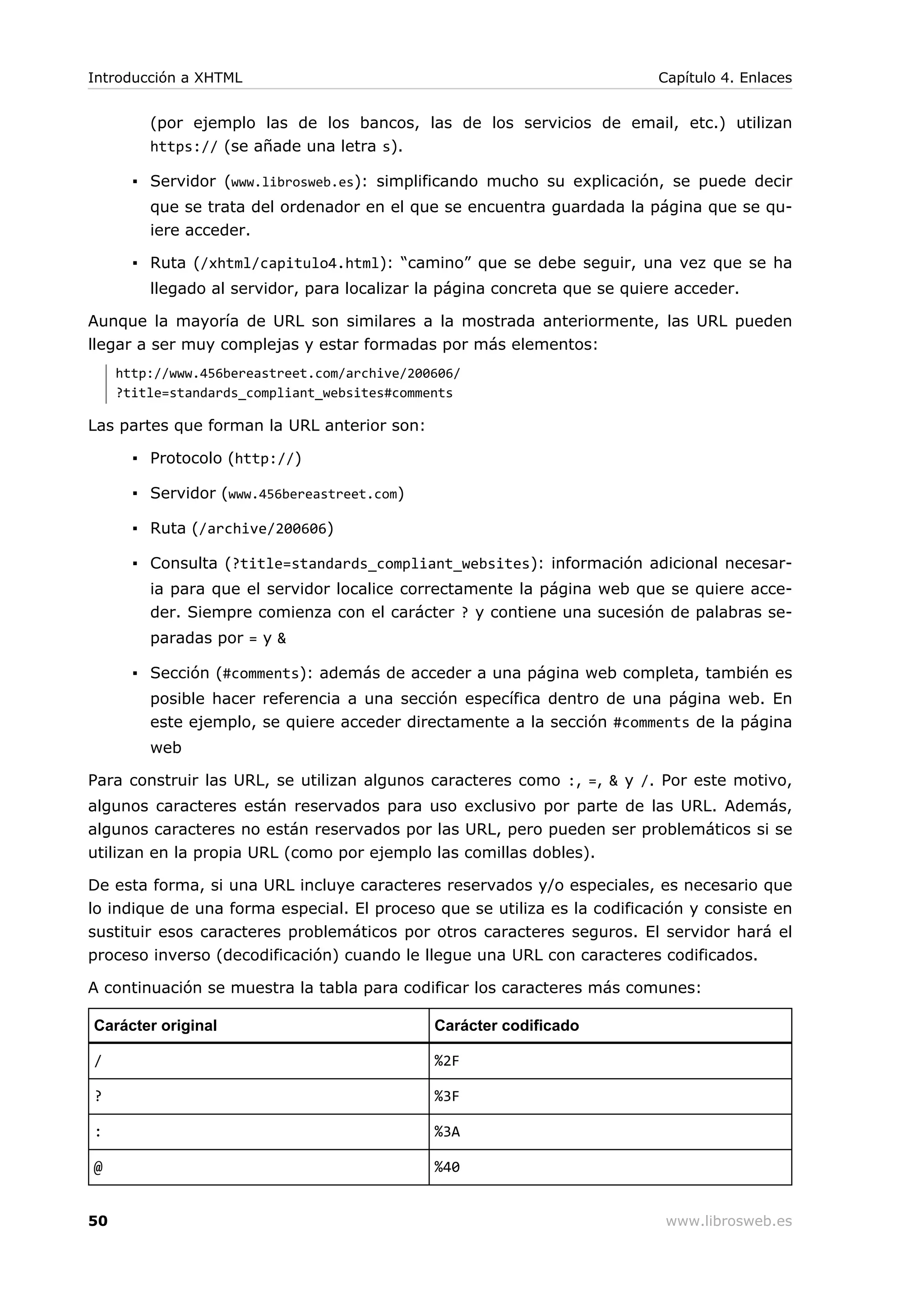 (por ejemplo las de los bancos, las de los servicios de email, etc.) utilizan
https:// (se añade una letra s).
▪ Servidor (www.librosweb.es): simplificando mucho su explicación, se puede decir
que se trata del ordenador en el que se encuentra guardada la página que se qu-
iere acceder.
▪ Ruta (/xhtml/capitulo4.html): “camino” que se debe seguir, una vez que se ha
llegado al servidor, para localizar la página concreta que se quiere acceder.
Aunque la mayoría de URL son similares a la mostrada anteriormente, las URL pueden
llegar a ser muy complejas y estar formadas por más elementos:
http://www.456bereastreet.com/archive/200606/
?title=standards_compliant_websites#comments
Las partes que forman la URL anterior son:
▪ Protocolo (http://)
▪ Servidor (www.456bereastreet.com)
▪ Ruta (/archive/200606)
▪ Consulta (?title=standards_compliant_websites): información adicional necesar-
ia para que el servidor localice correctamente la página web que se quiere acce-
der. Siempre comienza con el carácter ? y contiene una sucesión de palabras se-
paradas por = y &
▪ Sección (#comments): además de acceder a una página web completa, también es
posible hacer referencia a una sección específica dentro de una página web. En
este ejemplo, se quiere acceder directamente a la sección #comments de la página
web
Para construir las URL, se utilizan algunos caracteres como :, =, & y /. Por este motivo,
algunos caracteres están reservados para uso exclusivo por parte de las URL. Además,
algunos caracteres no están reservados por las URL, pero pueden ser problemáticos si se
utilizan en la propia URL (como por ejemplo las comillas dobles).
De esta forma, si una URL incluye caracteres reservados y/o especiales, es necesario que
lo indique de una forma especial. El proceso que se utiliza es la codificación y consiste en
sustituir esos caracteres problemáticos por otros caracteres seguros. El servidor hará el
proceso inverso (decodificación) cuando le llegue una URL con caracteres codificados.
A continuación se muestra la tabla para codificar los caracteres más comunes:
Carácter original Carácter codificado
/ %2F
? %3F
: %3A
@ %40
Introducción a XHTML Capítulo 4. Enlaces
50 www.librosweb.es
 