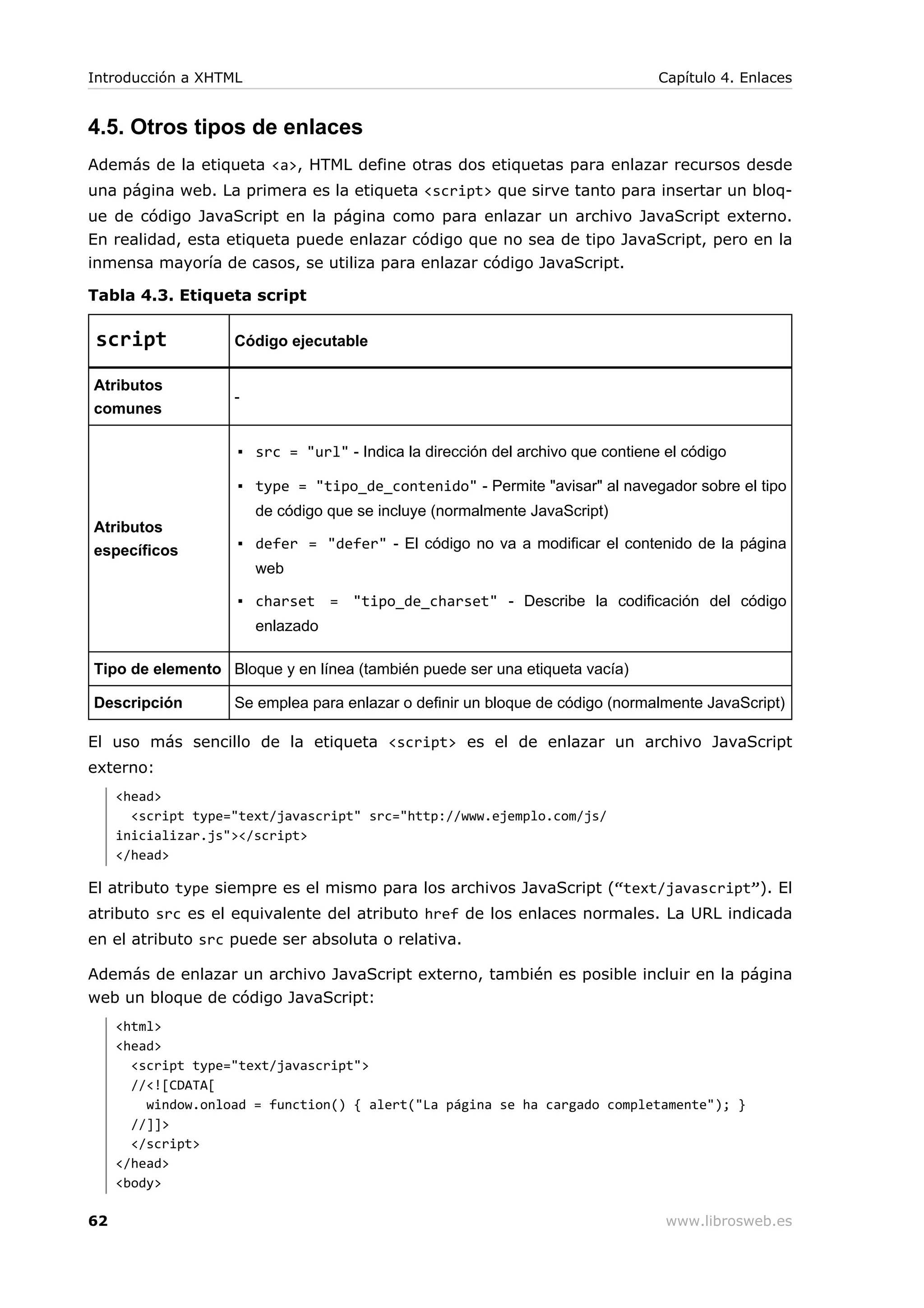 4.5. Otros tipos de enlaces
Además de la etiqueta <a>, HTML define otras dos etiquetas para enlazar recursos desde
una página web. La primera es la etiqueta <script> que sirve tanto para insertar un bloq-
ue de código JavaScript en la página como para enlazar un archivo JavaScript externo.
En realidad, esta etiqueta puede enlazar código que no sea de tipo JavaScript, pero en la
inmensa mayoría de casos, se utiliza para enlazar código JavaScript.
Tabla 4.3. Etiqueta script
script Código ejecutable
Atributos
comunes
-
Atributos
específicos
▪ src = "url" - Indica la dirección del archivo que contiene el código
▪ type = "tipo_de_contenido" - Permite "avisar" al navegador sobre el tipo
de código que se incluye (normalmente JavaScript)
▪ defer = "defer" - El código no va a modificar el contenido de la página
web
▪ charset = "tipo_de_charset" - Describe la codificación del código
enlazado
Tipo de elemento Bloque y en línea (también puede ser una etiqueta vacía)
Descripción Se emplea para enlazar o definir un bloque de código (normalmente JavaScript)
El uso más sencillo de la etiqueta <script> es el de enlazar un archivo JavaScript
externo:
<head>
<script type="text/javascript" src="http://www.ejemplo.com/js/
inicializar.js"></script>
</head>
El atributo type siempre es el mismo para los archivos JavaScript (“text/javascript”). El
atributo src es el equivalente del atributo href de los enlaces normales. La URL indicada
en el atributo src puede ser absoluta o relativa.
Además de enlazar un archivo JavaScript externo, también es posible incluir en la página
web un bloque de código JavaScript:
<html>
<head>
<script type="text/javascript">
//<![CDATA[
window.onload = function() { alert("La página se ha cargado completamente"); }
//]]>
</script>
</head>
<body>
Introducción a XHTML Capítulo 4. Enlaces
62 www.librosweb.es
 