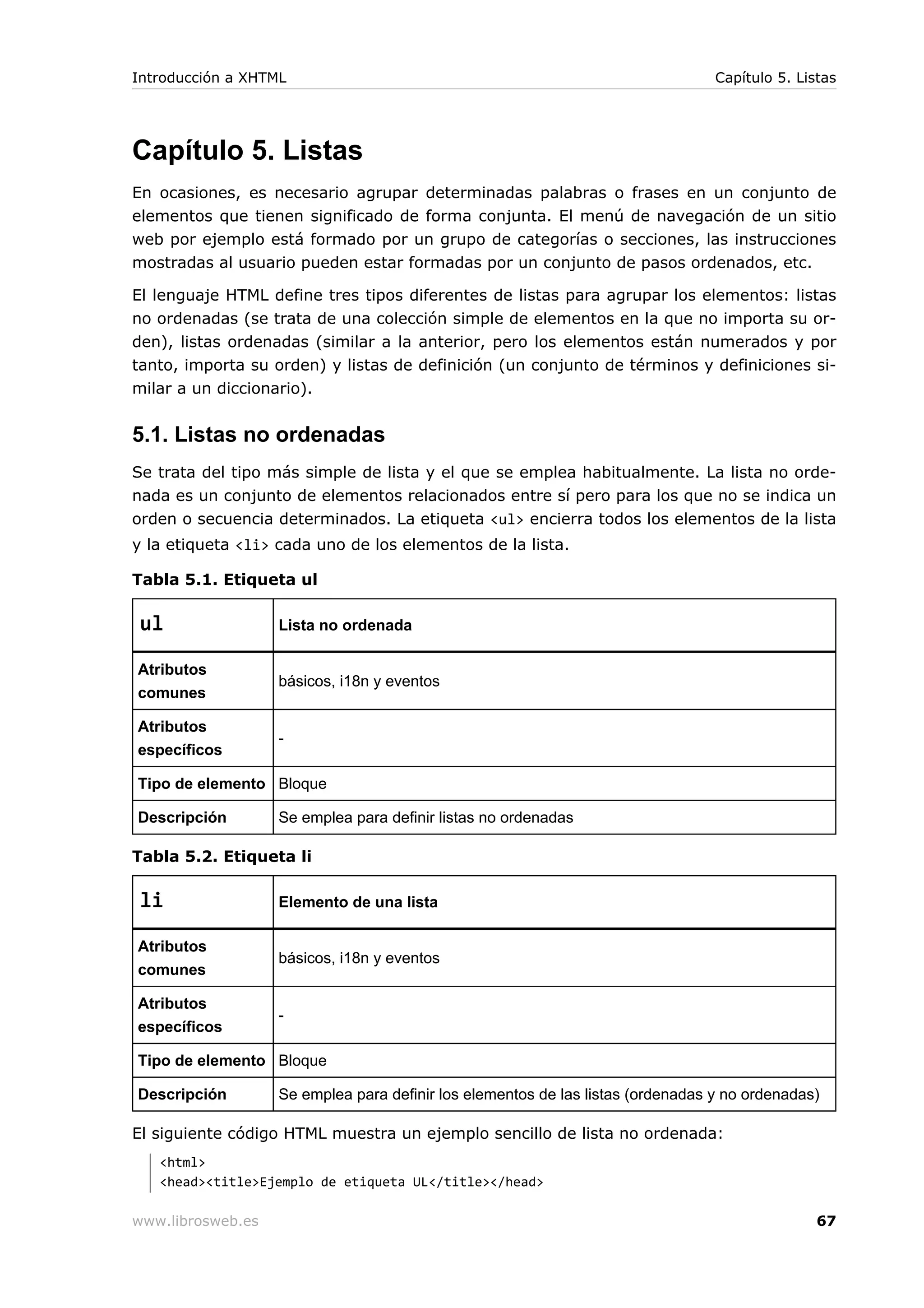 Capítulo 5. Listas
En ocasiones, es necesario agrupar determinadas palabras o frases en un conjunto de
elementos que tienen significado de forma conjunta. El menú de navegación de un sitio
web por ejemplo está formado por un grupo de categorías o secciones, las instrucciones
mostradas al usuario pueden estar formadas por un conjunto de pasos ordenados, etc.
El lenguaje HTML define tres tipos diferentes de listas para agrupar los elementos: listas
no ordenadas (se trata de una colección simple de elementos en la que no importa su or-
den), listas ordenadas (similar a la anterior, pero los elementos están numerados y por
tanto, importa su orden) y listas de definición (un conjunto de términos y definiciones si-
milar a un diccionario).
5.1. Listas no ordenadas
Se trata del tipo más simple de lista y el que se emplea habitualmente. La lista no orde-
nada es un conjunto de elementos relacionados entre sí pero para los que no se indica un
orden o secuencia determinados. La etiqueta <ul> encierra todos los elementos de la lista
y la etiqueta <li> cada uno de los elementos de la lista.
Tabla 5.1. Etiqueta ul
ul Lista no ordenada
Atributos
comunes
básicos, i18n y eventos
Atributos
específicos
-
Tipo de elemento Bloque
Descripción Se emplea para definir listas no ordenadas
Tabla 5.2. Etiqueta li
li Elemento de una lista
Atributos
comunes
básicos, i18n y eventos
Atributos
específicos
-
Tipo de elemento Bloque
Descripción Se emplea para definir los elementos de las listas (ordenadas y no ordenadas)
El siguiente código HTML muestra un ejemplo sencillo de lista no ordenada:
<html>
<head><title>Ejemplo de etiqueta UL</title></head>
Introducción a XHTML Capítulo 5. Listas
www.librosweb.es 67
 