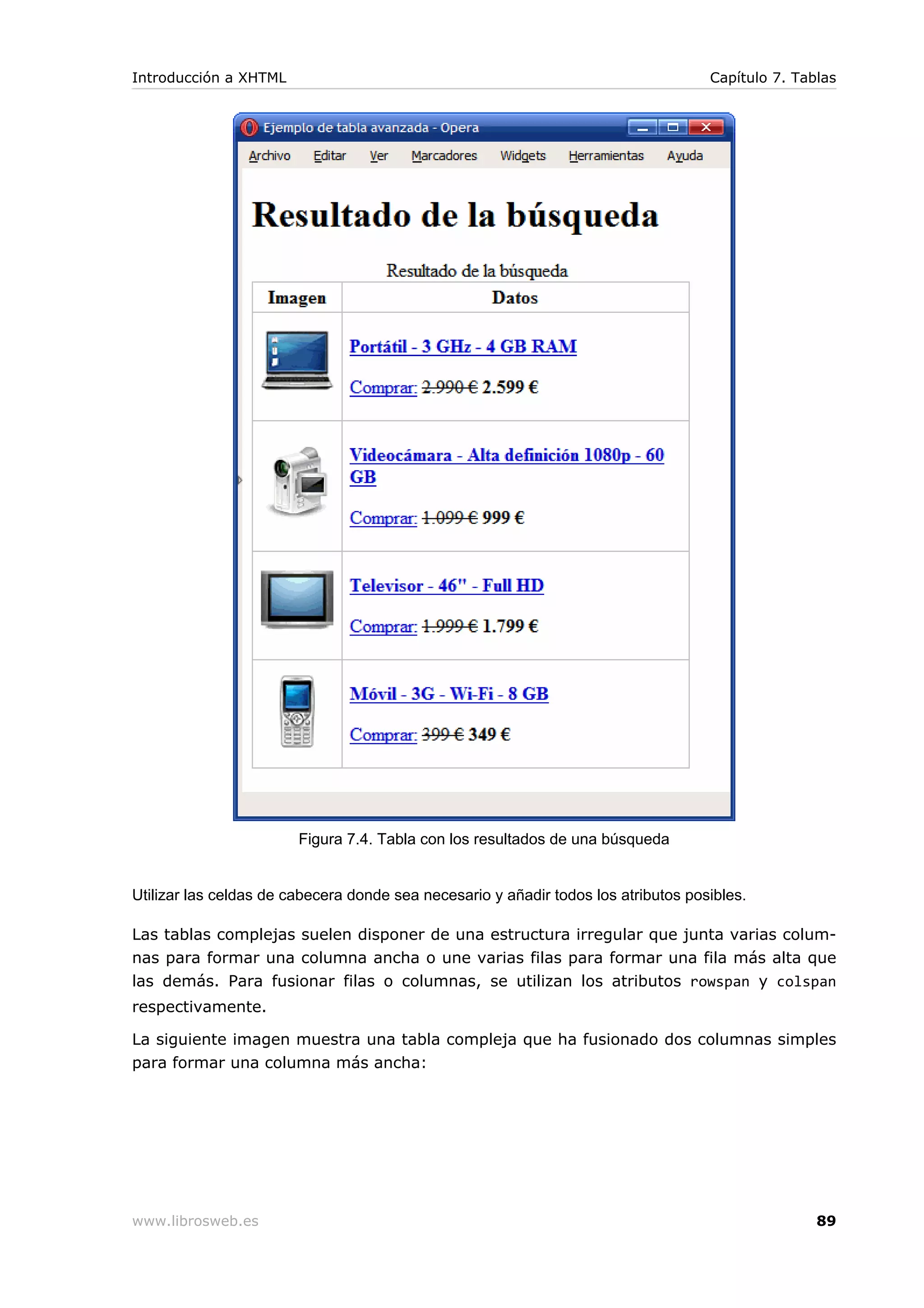 Figura 7.4. Tabla con los resultados de una búsqueda
Utilizar las celdas de cabecera donde sea necesario y añadir todos los atributos posibles.
Las tablas complejas suelen disponer de una estructura irregular que junta varias colum-
nas para formar una columna ancha o une varias filas para formar una fila más alta que
las demás. Para fusionar filas o columnas, se utilizan los atributos rowspan y colspan
respectivamente.
La siguiente imagen muestra una tabla compleja que ha fusionado dos columnas simples
para formar una columna más ancha:
Introducción a XHTML Capítulo 7. Tablas
www.librosweb.es 89
 