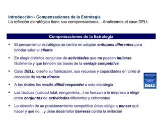 Introducción - Compensaciones de la Estrategia La reflexión estratégica tiene sus compensaciones... Analicemos el caso DELL El pensamiento estratégico se centra en adoptar  enfoques   diferentes  para brindar valor al  cliente En elegir distintos conjuntos de  actividades  que  no  puedan  imitarse  fácilmente y que brinden las bases de la  ventaja   competitiva Caso  DELL : diseño su fabricación, sus recursos y capacidades en torno al concepto de  venta directa A los rivales les resultó  difícil   responder  a esta estrategia Las tácticas (calidad total, reingeniería...) no fuerzan a la empresa a elegir entre  conjuntos  de  actividades  diferentes y coherentes La elección de un posicionamiento competitivo único obliga a  pensar  qué hacer y qué no... y debe desarrollar  barreras  contra la imitación Compensaciones de la Estrategia 