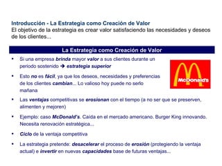 Introducción - La Estrategia como Creación de Valor El objetivo de la estrategia es crear valor satisfaciendo las necesidades y deseos de los clientes... Si una empresa  brinda  mayor  valor  a sus clientes durante un periodo sostenido     estrategia   superior Esto  no  es  fácil , ya que los deseos, necesidades y preferencias de los clientes  cambian ... Lo valioso hoy puede no serlo mañana Las  ventajas  competitivas se  erosionan  con el tiempo (a no ser que se preserven, alimenten y mejoren) Ejemplo: caso  McDonald’s . Caída en el mercado americano. Burger King innovando. Necesita renovación estratégica... Ciclo  de la ventaja competitiva La estrategia pretende:  desacelerar  el proceso de  erosión  (protegiendo la ventaja actual) e  invertir  en nuevas  capacidades  base de futuras ventajas... La Estrategia como Creación de Valor 