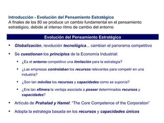Introducción - Evolución del Pensamiento Estratégico A finales de los 80 se produce un cambio fundamental en el pensamiento estratégico, debido al intenso ritmo de cambio del entorno Globalización , revolución  tecnológica ... cambian el panorama competitivo Se  cuestionan  los  principios  de la Economía Industrial: ¿Es el  entorno  competitivo una  limitación  para la estrategia? ¿Las empresas  controlaban  los  recursos  relevantes para competir en una industria? ¿Son tan  móviles  los  recursos  y  capacidades  como se suponía? ¿Era tan  efímera  la ventaja asociada a  poseer  determinados  recursos  y  capacidades ? Artículo de  Prahalad y Hamel : “The Core Competence of the Corporation” Adopta la estrategia basada en los  recursos  y  capacidades   únicos Evolución del Pensamiento Estratégico 