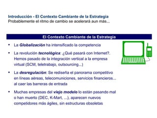 Introducción - El Contexto Cambiante de la Estrategia Probablemente el ritmo de cambio se acelerará aun más... La  Globalización  ha intensificado la competencia La revolución  tecnológica : ¿Qué pasará con Internet?. Hemos pasado de la integración vertical a la empresa virtual (SCM, teletrabajo, outsourcing...) La  desregulación : Se rediseña el panorama competitivo en líneas aéreas, telecomuniciones, servicios financieros... al caer las barreras de entrada Muchas empresas del  viejo modelo  lo están pasando mal o han muerto (DEC, K-Mart, ...), aparecen nuevos competidores más ágiles, sin estructuras obsoletas El Contexto Cambiante de la Estrategia 