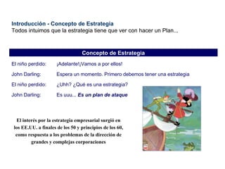 Introducción - Concepto de Estrategia Todos intuimos que la estrategia tiene que ver con hacer un Plan... El niño perdido: ¡Adelante!¡Vamos a por ellos! John Darling: Espera un momento. Primero debemos tener una estrategia El niño perdido: ¿Uhh? ¿Qué es una estrategia? John Darling: Es uuu...  Es un plan de ataque Concepto de Estrategia El interés por la estrategia empresarial surgió en los EE.UU. a finales de los 50 y principios de los 60, como respuesta a los problemas de la dirección de grandes y complejas corporaciones 