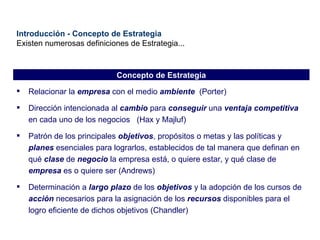 Introducción - Concepto de Estrategia Existen numerosas definiciones de Estrategia... Relacionar la  empresa  con el medio  ambiente   (Porter)  Dirección intencionada al  cambio  para  conseguir  una  ventaja competitiva  en cada uno de los negocios  (Hax y Majluf) Patrón de los principales  objetivos , propósitos o metas y las políticas y  planes  esenciales para lograrlos, establecidos de tal manera que definan en qué  clase  de  negocio  la empresa está, o quiere estar, y qué clase de  empresa  es o quiere ser (Andrews) Determinación a  largo plazo  de los  objetivos  y la adopción de los cursos de  acción  necesarios para la asignación de los  recursos  disponibles para el logro eficiente de dichos objetivos (Chandler) Concepto de Estrategia 