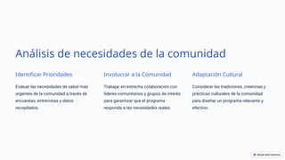 Análisis de necesidades de la comunidad
Identificar Prioridades
Evaluar las necesidades de salud más
urgentes de la comunidad a través de
encuestas, entrevistas y datos
recopilados.
Involucrar a la Comunidad
Trabajar en estrecha colaboración con
líderes comunitarios y grupos de interés
para garantizar que el programa
responda a las necesidades reales.
Adaptación Cultural
Considerar las tradiciones, creencias y
prácticas culturales de la comunidad
para diseñar un programa relevante y
efectivo.
 
