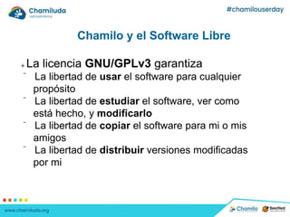 Chamilo y el Software Libre
 La licencia GNU/GPLv3 garantiza
 La libertad de usar el software para cualquier
propósito
 La libertad de estudiar el software, ver como
está hecho, y modificarlo
 La libertad de copiar el software para mi o mis
amigos
 La libertad de distribuir versiones modificadas
por mi
 