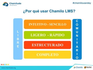¿Por qué usar Chamilo LMS?
INTUITIVO - SENCILLO
LIGERO - RÁPIDO
ESTRUCTURADO
COMPLETO
L
I
B
R
E
C
O
M
U
N
I
T
A
R
I
O
 