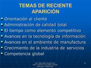 TEMAS DE RECIENTE
APARICIÓN
 Orientación al cliente
 Administración de calidad total
 El tiempo como elemento competitivo
 Avances en la tecnología de información
 Avances en el ambiente de manufactura
 Crecimiento de la industria de servicios
 Competencia global
18
CPC. JOSE KERLI MILIAN CRUZ
IESTP “SANTOS VILLALOBOS HUAMAN
YAUYUCAN – SANTA CRUZ
 