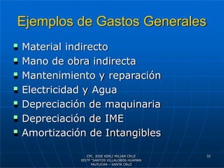 Ejemplos de Gastos Generales
 Material indirecto
 Mano de obra indirecta
 Mantenimiento y reparación
 Electricidad y Agua
 Depreciación de maquinaria
 Depreciación de IME
 Amortización de Intangibles
32
CPC. JOSE KERLI MILIAN CRUZ
IESTP “SANTOS VILLALOBOS HUAMAN
YAUYUCAN – SANTA CRUZ
 