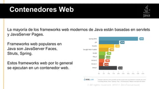 La mayoría de los frameworks web modernos de Java están basadas en servlets
y JavaServer Pages.
Frameworks web populares en
Java son JavaServer Faces,
Struts, Spring.
Estos frameworks web por lo general
se ejecutan en un contenedor web.
Contenedores Web
 