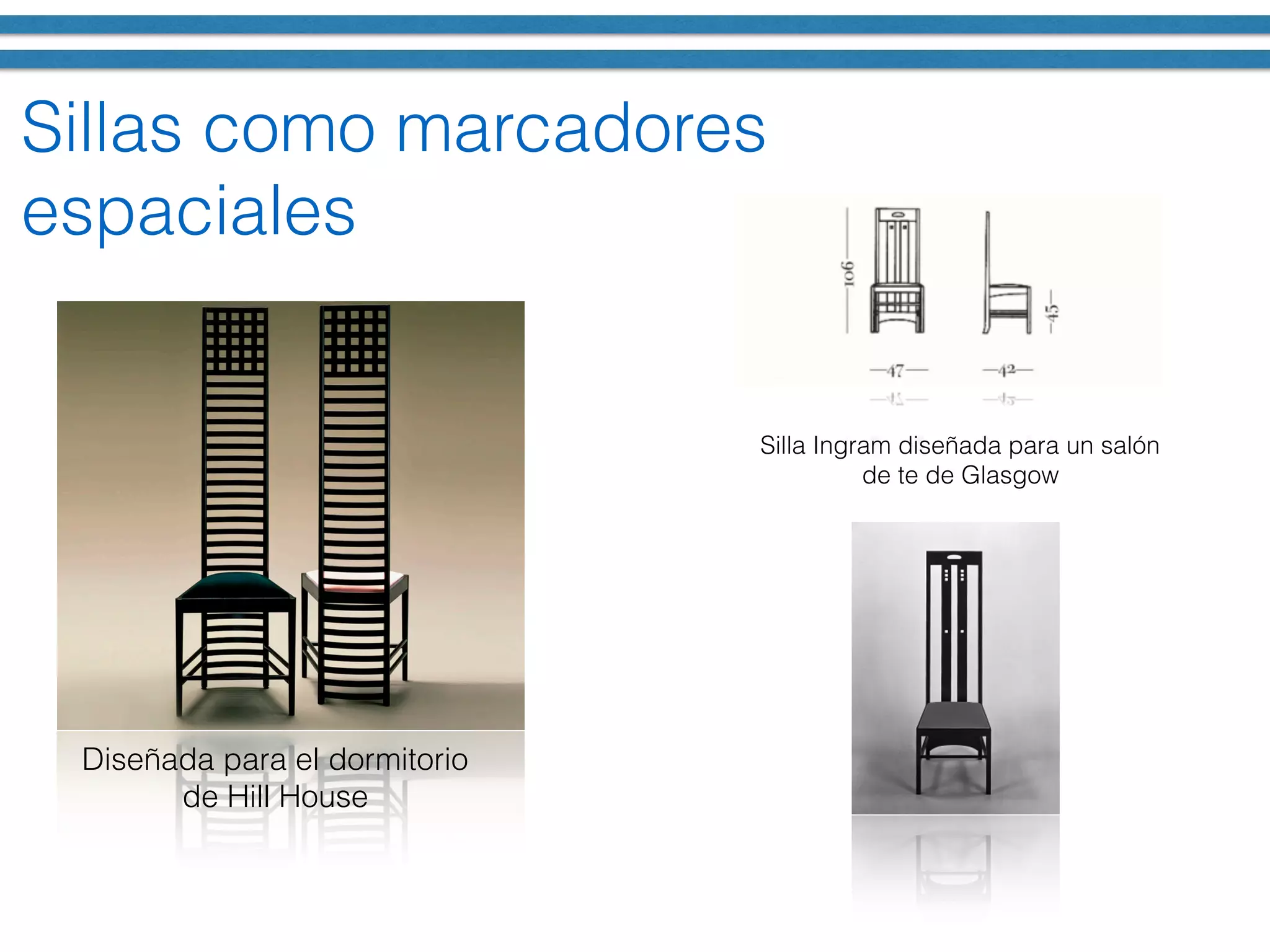 Sillas como marcadores
espaciales
Diseñada para el dormitorio
de Hill House
Silla Ingram diseñada para un salón
de te de Glasgow
 