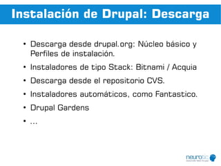 Instalación de Drupal: Descarga

 ●
     Descarga desde drupal.org: Núcleo básico y
     Perfiles de instalación.
 ●
     Instaladores de tipo Stack: Bitnami / Acquia
 ●
     Descarga desde el repositorio CVS.
 ●
     Instaladores automáticos, como Fantastico.
 ●
     Drupal Gardens
 ●
     ...
 