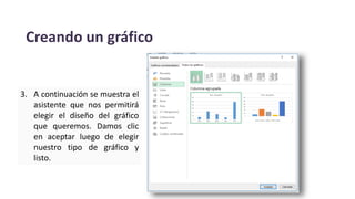 Creando un gráfico
3. A continuación se muestra el
asistente que nos permitirá
elegir el diseño del gráfico
que queremos. Damos clic
en aceptar luego de elegir
nuestro tipo de gráfico y
listo.
 
