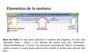 Elementos de la ventana
Barra de título: En esta barra ubicamos el nombre del programa, en este caso
"Microsoft Excel - Libro1" y los botones de control que son: "Minimizar",
"Maximizar/Restaurar" y "Cerrar". Por mencionar el nombre de "Libro1" es temporal,
cambia cuando el usuario gusta ponerle otro nombre al archivo para ubicarlo más
fácil.
 