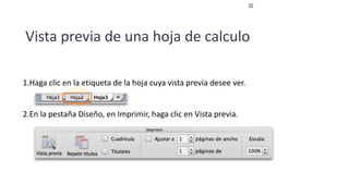 Vista previa de una hoja de calculo
1.Haga clic en la etiqueta de la hoja cuya vista previa desee ver.
2.En la pestaña Diseño, en Imprimir, haga clic en Vista previa.
 