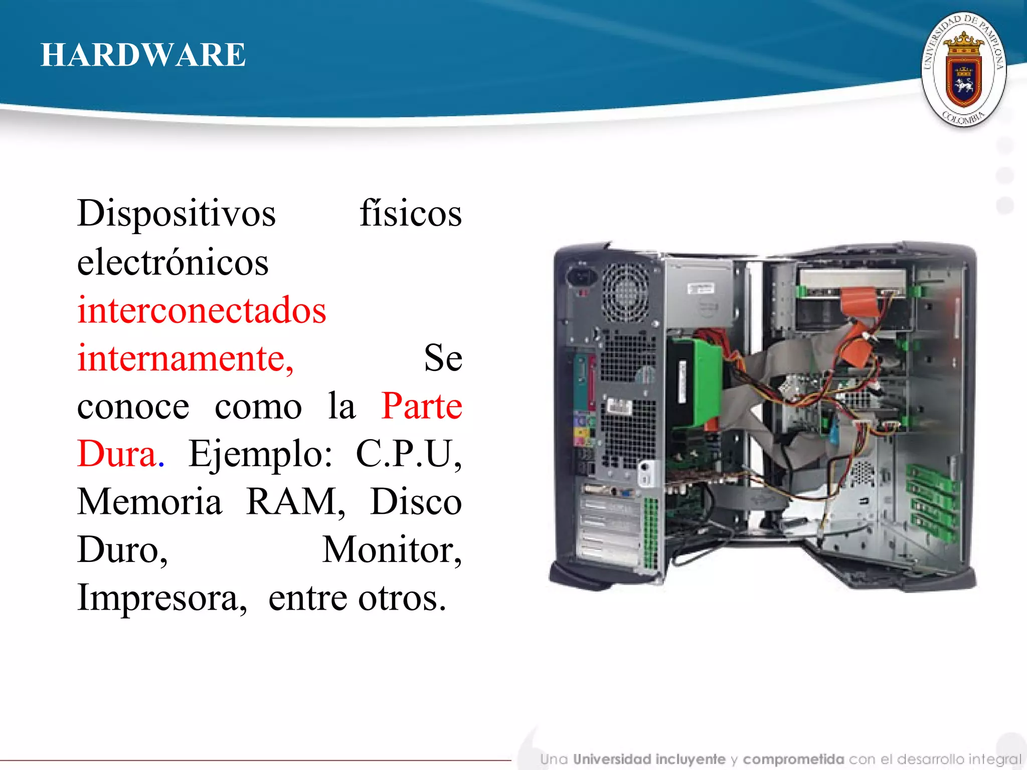 HARDWARE
Dispositivos físicos
electrónicos
interconectados
internamente, Se
conoce como la Parte
Dura. Ejemplo: C.P.U,
Memoria RAM, Disco
Duro, Monitor,
Impresora, entre otros.
 