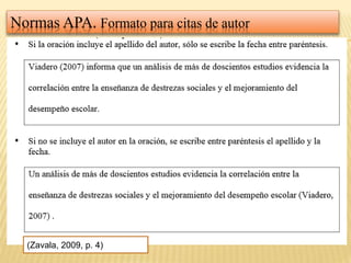 Normas APA. Formato para citas de autor
(Zavala, 2009, p. 4)
 