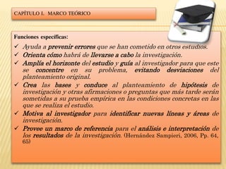 Funciones específicas:
 Ayuda a prevenir errores que se han cometido en otros estudios.
 Orienta cómo habrá de llevarse a cabo la investigación.
 Amplía el horizonte del estudio y guía al investigador para que este
se concentre en su problema, evitando desviaciones del
planteamiento original.
 Crea las bases y conduce al planteamiento de hipótesis de
investigación y otras afirmaciones o preguntas que más tarde serán
sometidas a su prueba empírica en las condiciones concretas en las
que se realiza el estudio.
 Motiva al investigador para identificar nuevas líneas y áreas de
investigación.
 Provee un marco de referencia para el análisis e interpretación de
los resultados de la investigación. (Hernández Sampieri, 2006, Pp. 64,
65)
CAPÍTULO I. MARCO TEÓRICO
 