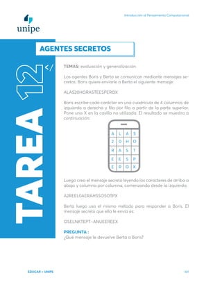 Introducción al Pensamiento Computacional
EDUCAR + UNIPE 101
TEMAS: evaluación y generalización.
Los agentes Boris y Berta se comunican mediante mensajes se-
cretos. Boris quiere enviarle a Berta el siguiente mensaje:
ALAS20HORASTEESPEROX
Boris escribe cada carácter en una cuadrícula de 4 columnas de
izquierda a derecha y fila por fila a partir de la parte superior.
Pone una X en la casilla no utilizada. El resultado se muestra a
continuación:
Luego crea el mensaje secreto leyendo los caracteres de arriba a
abajo y columna por columna, comenzando desde la izquierda:
A2REEL0AERAHSSOSOTPX
Berta luego usa el mismo método para responder a Boris. El
mensaje secreto que ella le envía es:
OSELNKTEPT–ANUEEREEX
PREGUNTA :
¿Qué mensaje le devuelve Berta a Boris?
TAREA
12
AGENTES SECRETOS
 
