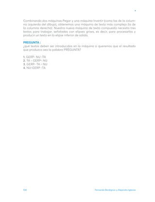 Fernando Bordignon y Alejandro Iglesias
104
Combinando dos máquinas Pegar y una máquina Invertir (como las de la colum-
na izquierda del dibujo), obtenemos una máquina de texto más compleja (la de
la columna derecha). Nuestra nueva máquina de texto compuesta necesita tres
textos para trabajar, señalados con elipses grises, es decir, para procesarlos y
producir un texto en la elipse inferior de salida.
PREGUNTA :
¿qué textos deben ser introducidos en la máquina si queremos que el resultado
que produzca sea la palabra PREGUNTA?
1. GERP- NU -TA
2. TA - GERP- NU
3. GERP- TA - NU
4. NU-GERP -TA
 