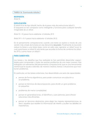Fernando Bordignon y Alejandro Iglesias
110
TAREA 14. Caminando árboles
RESPUESTA
Árbol A.
EXPLICACIÓN
El árbol A es de tipo árbol­
4, hecho de 4 pasos más dos estructuras árbol­3.
El esquema es tan compacto como inteligente y funciona para cualquier tamaño
imaginable de un árbol.
Árbol X = X pasos hacia adelante +2 árboles (X-1)
Árbol X-1 = X–1 pasos hacia adelante +2 árboles (X-2)
En el pensamiento computacional, cuando una tarea se explica a través de una
versión más simple de la tarea en síse denomina recursión. Finalmente, la recursión
reduce la tarea a una tarea base, como en este caso «generar un árbol ­
1»,con lo
cual, para hacer un árbol X, solo tenés que recordar la forma de combinar los árbo-
les (X-1) y cómo hacer un árbol­1.
PARA SABER MÁS
Las tareas y los desafíos que has realizado te han permitido desarrollar capaci-
dades para comprender y tratar de resolver problemas de una mejor manera. Has
trabajado con elementos del pensamiento computacional, que es una herramienta
mental que te ayuda a abordar, de manera creativa, tareas o situaciones que invo-
lucren problemas.
En particular, en las tareas anteriores, has desarrollado una serie de capacidades:
pensar de forma algorítmica, para poder comunicar una solución a
un problema;
pensar en términos de descomposición, para dividir un gran problema
en pequeños
problemas de menor complejidad;
pensar en generalizaciones, al identificar y usar patrones, para ofrecer
soluciones más eficientes;
pensar en términos abstractos, para elegir las mejores representaciones, es
decir, aquellas que resalten la información de interés y oculten los detalles sin
importancia;
 