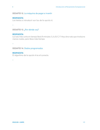 Introducción al Pensamiento Computacional
EDUCAR + UNIPE 117
DESAFÍO 12. La máquina de pegar e invertir
RESPUESTA
Los textos a introducir son los de la opción 4.
-
DESAFÍO 13. ¿Por dónde voy?
RESPUESTA
La ruta más corta en tiempo lleva 9 minutos: S, A, B, C, F. Hay otra ruta que involucra
menos nodos, pero lleva más tiempo.
-
DESAFÍO 14. Dados programados
RESPUESTA
El algoritmo de la opción 4 es el correcto.
-
 