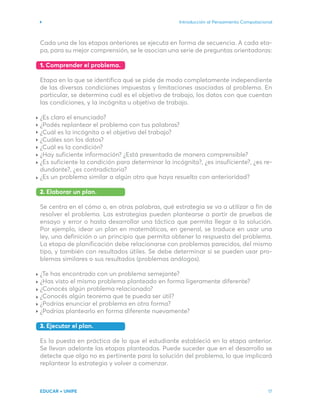Introducción al Pensamiento Computacional
EDUCAR + UNIPE 17
Cada una de las etapas anteriores se ejecuta en forma de secuencia. A cada eta-
pa, para su mejor comprensión, se le asocian una serie de preguntas orientadoras:
1. Comprender el problema.
Etapa en la que se identifica qué se pide de modo completamente independiente
de las diversas condiciones impuestas y limitaciones asociadas al problema. En
particular, se determina cuál es el objetivo de trabajo, los datos con que cuentan
las condiciones, y la incógnita u objetivo de trabajo.
¿Es claro el enunciado?
¿Podés replantear el problema con tus palabras?
¿Cuál es la incógnita o el objetivo del trabajo?
¿Cuáles son los datos?
¿Cuál es la condición?
¿Hay suficiente información? ¿Está presentada de manera comprensible?
¿Es suficiente la condición para determinar la incógnita?, ¿es insuficiente?, ¿es re-
dundante?, ¿es contradictoria?
¿Es un problema similar a algún otro que haya resuelto con anterioridad?
2. Elaborar un plan.
Se centra en el cómo o, en otras palabras, qué estrategia se va a utilizar a fin de
resolver el problema. Las estrategias pueden plantearse a partir de pruebas de
ensayo y error o hasta desarrollar una táctica que permita llegar a la solución.
Por ejemplo, idear un plan en matemáticas, en general, se traduce en usar una
ley, una definición o un principio que permita obtener la respuesta del problema.
La etapa de planificación debe relacionarse con problemas parecidos, del mismo
tipo, y también con resultados útiles. Se debe determinar si se pueden usar pro-
blemas similares o sus resultados (problemas análogos).
¿Te has encontrado con un problema semejante?
¿Has visto el mismo problema planteado en forma ligeramente diferente?
¿Conocés algún problema relacionado?
¿Conocés algún teorema que te pueda ser útil?
¿Podrías enunciar el problema en otra forma?
¿Podrías plantearlo en forma diferente nuevamente?
3. Ejecutar el plan.
Es la puesta en práctica de lo que el estudiante estableció en la etapa anterior.
Se llevan adelante las etapas planteadas. Puede suceder que en el desarrollo se
detecte que algo no es pertinente para la solución del problema, lo que implicará
replantear la estrategia y volver a comenzar.
 