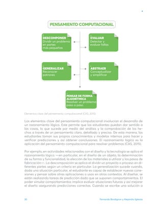 Fernando Bordignon y Alejandro Iglesias
30
Elementos clave del pensamiento computacional (CAS, 2015).
Los elementos clave del pensamiento computacional involucran el desarrollo de
un razonamiento lógico. Este permite que los estudiantes puedan dar sentido a
las cosas, lo que sucede por medio del análisis y la comprobación de los he-
chos a través de un pensamiento claro, detallado y preciso. De esta manera, los
estudiantes toman sus propios conocimientos y modelos internos para hacer y
verificar predicciones y así obtener conclusiones. El razonamiento lógico es la
aplicación del pensamiento computacional para resolver problemas (CAS, 2015).
Por ejemplo, en actividades relacionadas con el diseño y la tecnología se aplica el
razonamiento lógico —en particular, en el diseño de un objeto, la determinación
de su forma y funcionalidad, la elección de los materiales a utilizar y los pasos de
fabricación—. La descomposición se aplica al dividir un proyecto o proceso en di-
ferentes partes según un criterio en particular. La generalización sucede cuando,
dada una situación particular, el estudiante es capaz de establecer nuevas cone-
xiones y pensar sobre otras aplicaciones o usos en otros contextos. Al diseñar, se
están realizando tareas de predicción dado que se suponen comportamientos. El
poder simular comportamientos implica evaluar situaciones futuras y así mejorar
el diseño asegurando predicciones correctas. Cuando se escribe una solución a
 