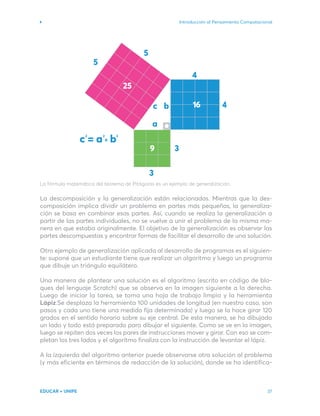 Introducción al Pensamiento Computacional
EDUCAR + UNIPE 37
La fórmula matemática del teorema de Pitágoras es un ejemplo de generalización.
La descomposición y la generalización están relacionadas. Mientras que la des-
composición implica dividir un problema en partes más pequeñas, la generaliza-
ción se basa en combinar esas partes. Así, cuando se realiza la generalización a
partir de las partes individuales, no se vuelve a unir el problema de la misma ma-
nera en que estaba originalmente. El objetivo de la generalización es observar las
partes descompuestas y encontrar formas de facilitar el desarrollo de una solución.
Otro ejemplo de generalización aplicada al desarrollo de programas es el siguien-
te: suponé que un estudiante tiene que realizar un algoritmo y luego un programa
que dibuje un triángulo equilátero.
Una manera de plantear una solución es el algoritmo (escrito en código de blo-
ques del lenguaje Scratch) que se observa en la imagen siguiente a la derecha.
Luego de iniciar la tarea, se toma una hoja de trabajo limpia y la herramienta
Lápiz.Se desplaza la herramienta 100 unidades de longitud (en nuestro caso, son
pasos y cada uno tiene una medida fija determinada) y luego se la hace girar 120
grados en el sentido horario sobre su eje central. De esta manera, se ha dibujado
un lado y todo está preparado para dibujar el siguiente. Como se ve en la imagen,
luego se repiten dos veces los pares de instrucciones mover y girar. Con eso se com-
pletan los tres lados y el algoritmo finaliza con la instrucción de levantar el lápiz.
A la izquierda del algoritmo anterior puede observarse otra solución al problema
(y más eficiente en términos de redacción de la solución), donde se ha identifica-
3
9 3
16
25
5
5
4
4
c = a b
2 2 2
a
b
c
 