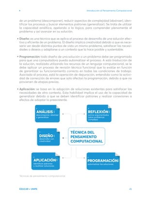 Introducción al Pensamiento Computacional
EDUCAR + UNIPE 45
de un problema (descomponer), reducir aspectos de complejidad (abstraer), iden-
tificar los procesos y buscar elementos patrones (generalizar). Se trata de utilizar
la capacidad analítica, apelando a la lógica, para comprender plenamente el
problema y así avanzar en su solución.
Diseño: es una técnica que se aplica al proceso de desarrollo de una solución efec-
tiva y eficiente de un problema. El diseño implica creatividad debido a que es nece-
sario ver desde distintos puntos de vista un mismo problema, satisfacer las necesi-
dades o deseos y adaptarse a un contexto que la hace posible y sustentable.
Programación: todo diseño de una solución a un problema debe ser programado
para que una computadora pueda automatizar el proceso. A esta traducción de
la solución, realizada utilizando los recursos de un lenguaje computacional, se le
debe aplicar un proceso de revisión técnica funcional que la evalúe en función
de garantizar su funcionamiento correcto en todas las condiciones de trabajo.
Asociada al proceso, está la operación de depuración, entendida como la activi-
dad de corrección de errores que solo afectan la programación, debido a que no
provienen de etapas previas.
Aplicación: se basa en la adopción de soluciones existentes para satisfacer las
necesidades de otro contexto. Esta habilidad implica el uso de la capacidad de
generalizar debido a que se deben identificar patrones y realizar conexiones a
efectos de adoptar lo preexistente.
Técnicas de pensamiento computacional.
descomponer, abstraer
y generalizar
juicios argumentados
sobre problemas
complejos
identificar patrones
y reutilizar soluciones
automatizar las soluciones
APLICACIÓN
:
desarrollar con
creatividad
:
:
:
:
 