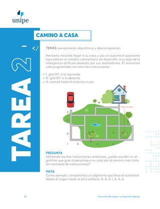 Fernando Bordignon y Alejandro Iglesias
58
TAREA
2
TEMAS: pensamiento algorítmico y descomposición.
Heriberto necesita llegar a su casa y usa un automóvil autónomo
(que está en un estadio rudimentario de desarrollo, muy lejos de la
inteligencia artificial deseada por sus realizadores). El automóvil
está programado con solo tres instrucciones:
I: girá 90° a la izquierda.
D: girá 90° a la derecha.
A: avanzá hasta el próximo cruce.
PREGUNTA
Utilizando las tres instrucciones anteriores, ¿podés escribir un al-
goritmo que guíe al personaje a su casa por el camino más corto
(en cantidad de instrucciones)?
PISTA
Como ejemplo, compartimos un algoritmo que lleva al automóvil
desde el origen hasta el pino solitario: A, A, A, I, A, A, A.
CAMINO A CASA
ÁRBOL SOLITARIO
A
A
A
A
I A A
 