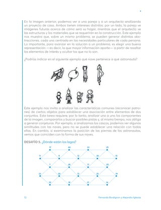 Fernando Bordignon y Alejandro Iglesias
72
En la imagen anterior, podemos ver a una pareja y a un arquitecto analizando
un proyecto de casa. Ambos tienen intereses distintos: por un lado, la pareja ve
imágenes futuras acerca de cómo será su hogar, mientras que el arquitecto ve
las estructuras y los materiales que se requerirán en la construcción. Este ejemplo
nos muestra que, sobre un mismo problema, se pueden generar distintas abs-
tracciones, cada una centrada en las necesidades particulares de cada persona.
Lo importante, para avanzar en la solución a un problema, es elegir una buena
representación —es decir, la que mayor información aporte— a partir de resaltar
los elementos de interés y ocultar los que no lo son.
¿Podrías indicar en el siguiente ejemplo qué nave pertenece a qué astronauta?
Este ejemplo nos invita a analizar las características comunes (reconocer patro-
nes) de ciertos objetos para establecer una asociación entre elementos de dos
conjuntos. Esta tarea requiere, por lo tanto, analizar uno a uno los componentes
de la imagen, compararlos y buscar posibles pistas y, al mismo tiempo, nos obliga
a generar conjeturas. Por ejemplo, si analizamos los cascos, podemos ver algunas
similitudes con las naves, pero no se puede establecer una relación con todas
ellas. En cambio, si examinamos la posición de las piernas de los astronautas,
vemos que coinciden con la forma de sus naves.
DESAFÍO 5. ¿Dónde están los lagos?
17
9
11 15
30
12
30
23 19
25
13
40 33 25
7 28 17 20
10 18 21 14
 