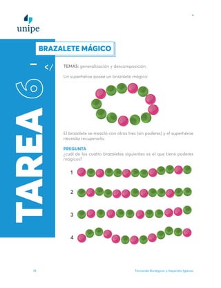 Fernando Bordignon y Alejandro Iglesias
74
TAREA
6
BRAZALETE MÁGICO
TEMAS: generalización y descomposición.
Un superhéroe posee un brazalete mágico:
El brazalete se mezcló con otros tres (sin poderes) y el superhéroe
necesita recuperarlo.
PREGUNTA
¿cuál de los cuatro brazaletes siguientes es el que tiene poderes
mágicos?
1
2
3
4
 