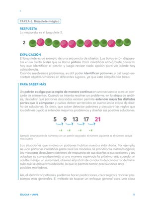 EDUCAR + UNIPE 75
5 9 13 17 21
4 4 4 4
TAREA 6. Brazalete mágico
RESPUESTA
La respuesta es el brazalete 2.
EXPLICACIÓN
El brazalete es un ejemplo de una secuencia de objetos. Las bolas están dispues-
tas en un cierto orden que se llama patrón. Para identificar el brazalete correcto,
hay que identificar el patrón y luego revisar cada opción para ver dónde hay
coincidencia.
Cuando resolvemos problemas, es útil poder identificar patrones, y así luego en-
contrar objetos similares en diferentes lugares, ya que esto simplifica la tarea.
PARA SABER MÁS
Un patrón es algo que se repite de manera continua en una secuencia o en un con-
junto de elementos. Cuando se intenta resolver un problema, en la etapa de análi-
sis, descubrir qué patrones asociados existen permite entender mejor las distintas
partes que lo componen y cuáles deben ser tenidas en cuenta en la etapa de dise-
ño de soluciones. Es decir, que saber detectar patrones y descubrir las reglas que
los definen ayuda a entender mejor los problemas y diseñar sus posibles soluciones.
Ejemplo de una serie de números con un patrón asociado: el número siguiente es el número actual
más cuatro
Las situaciones que involucran patrones habitan nuestra vida diaria. Por ejemplo,
se usan patrones climáticos para crear los modelos de pronósticos meteorológicos;
las mascotas descubren patrones de respuesta de sus dueños a sus acciones y así
adaptan su comportamiento a una manera esperada la próxima vez; cuando un
adulto maneja un automóvil, observa el patrón de conducta del conductor del vehí-
culo que se encuentra adelante, lo que le permite tomar precauciones ante
posibles maniobras.
Así, al identificar patrones, podemos hacer predicciones, crear reglas y resolver pro-
blemas más generales. El método de buscar un enfoque general para una clase
2
 
