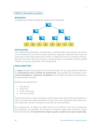 Fernando Bordignon y Alejandro Iglesias
86
3 8 1 6 5 4 7
4 2
4
8 1
8
4
2
TAREA 8. Resultados revueltos
RESPUESTA
La disposición total de todas las tarjetas es la siguiente:
EXPLICACIÓN
Las tarjetas desordenadas corresponden a participantes que ganaron al menos
una competencia. Por lo tanto, para resolver la segunda ronda solo hace falta ver
quién ganó cada duelo particular, escribir su identificación en la casilla correcta y
tacharlo de la lista. De esta manera, cuando se llega a completar la última casilla
celeste, se conoce al ganador del campeonato.
PARA SABER MÁS
La lógica estudia los principios de la demostración de los argumentos mediante
la comprobación de la validez de expresiones, que pueden ser evaluadas como:
ciertas/verdaderas o falsas/no verdaderas. Así, la lógica estudia las inferencias y
el pensamiento humano.
Ejemplos de expresiones:
Hoy llueve.
Hace frío.
Es de color azul.
Ana es inmortal.
Como observamos, cada una de las cuatro expresiones anteriores puede tener un
valor de verdad asociado (verdadero o falso). Ese valor dependerá de cada situa-
ción particular donde se aplique un proceso de razonamiento.
En computación, la lógica se utiliza tanto en el análisis como en la resolución
de problemas, por ejemplo, al momento de diseñar reglas para clasificar o para
tomar decisiones. El razonamiento lógico ayuda a explicar por qué sucede algo.
 
