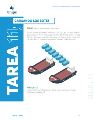 Introducción al Pensamiento Computacional
EDUCAR + UNIPE 97
220
130
100
90
90
60
120
lisa 1
lisa 2
CARGANDO LOS BOTES
TEMAS: descomposición y evaluación.
Carlos posee dos botes, llamados Lisa 1 y Lisa 2. Cada embar-
cación puede llevar una carga máxima de 300 kg. Carlos recibe
barriles llenos de pescado para que los trasporte; en cada uno
de ellos, hay un número que indica su peso en kilogramos.
PREGUNTA :
¿cuál es la mejor distribución de la carga para que ningún
bote lleve sobrepeso?
TAREA
11
 