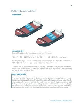 Fernando Bordignon y Alejandro Iglesias
98
TAREA 11. Cargando los botes
RESPUESTA
EXPLICACIÓN
Es posible obtener los barcos cargados con 590 kilos:
120 + 90 + 90 = 300 kilos en un bote, 130 + 100 + 60 = 290 kilos en el otro.
Si intentás cargar barriles pesados primero, terminarás con 220 + 60 = 280 kilos y
130 + 120 = 250 kilos, lo que representa un total de 530 kilos.
Además, no es posible llevar más de 590 kg. De hecho, si se quisiera llevar más,
habría que llenar ambos barcos con 300 kg, pero hay una forma de hacerlosolo
en uno de ellos: 120 + 90 + 90.
PARA SABER MÁS
Como se ha visto, el proceso de descomponer un problema en partes más peque-
ñas y manejables ayuda a resolver cuestiones complejas y a gestionar proyectos de
envergadura. En general, los grandes problemas son desalentadoresy es más fácil
trabajar con un conjunto de tareas más pequeñas y relacionadas entre sí. Esto po-
sibilita que cada subtarea puede ser abordada por personas o equipos de trabajo,
donde cada uno aporta sus propios conocimientos, experiencia y habilidades.
130
100
60
120
lisa 1
lisa 2
90
90
 