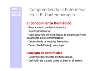 Comprendiendo la Enfermería 
en la E. Contemporánea 
El conocimiento Biomédico 
 Gran aumento de descubrimientos 
 Superespecialización 
 Gran desarrollo de los métodos de ddiiaaggnnóóssttiiccoo yy ddeell 
tratamiento de las enfermedades. 
 Desarrollo de la Medicina Preventiva. 
 Desarrollo del trabajo en equipo. 
Concepto de enfermedad 
 Desarrollo del concepto multicausalidad. 
 Definición de la salud como un bien en sí mismo. 
 