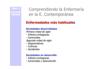 Comprendiendo la Enfermería 
en la E. Contemporánea 
Enfermedades más habituales 
Sociedades desarrolladas 
Primera mitad de siglo 
 IInnffeeccttoo--ccoonnttaaggiioossaass 
 Carenciales 
Segunda mitad de siglo 
 Degenerativas 
 Crónicas 
 Accidentes 
Sociedades en desarrollo 
 Infecto-contagiosas 
 Carenciales y desnutrición 
 
