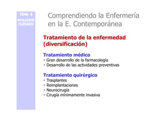 Comprendiendo la Enfermería 
en la E. Contemporánea 
Tratamiento de la enfermedad 
(diversificación) 
Tratamiento médico 
 Gran desarrollo ddee llaa ffaarrmmaaccoollooggííaa 
 Desarrollo de las actividades preventivas 
Tratamiento quirúrgico 
 Trasplantes 
 Reimplantaciones 
 Neurocirugía 
 Cirugía mínimamente invasiva 
 
