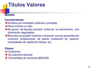 Bonos Títulos Valores Características: Emitidos por entidades públicas o privadas. Plazo mínimo un año. No gozan  de liquidez primaria  antes de  su vencimiento,  son  libremente negociables. Recursos se pueden destinar a financiar nuevos proyectos de inversión,  ampliaciones  de  planta,  sustitución  de  pasivos, necesidades de capital de trabajo, etc. Clases: Ordinarios De Garantía General Convertibles en acciones (BOCAS)   