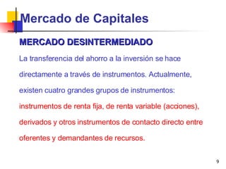 Mercado de Capitales MERCADO DESINTERMEDIADO La transferencia del ahorro a la inversión se hace directamente a través de instrumentos. Actualmente, existen cuatro grandes grupos de instrumentos:  instrumentos de renta fija, de renta variable (acciones), derivados y otros instrumentos de contacto directo entre oferentes y demandantes de recursos. 